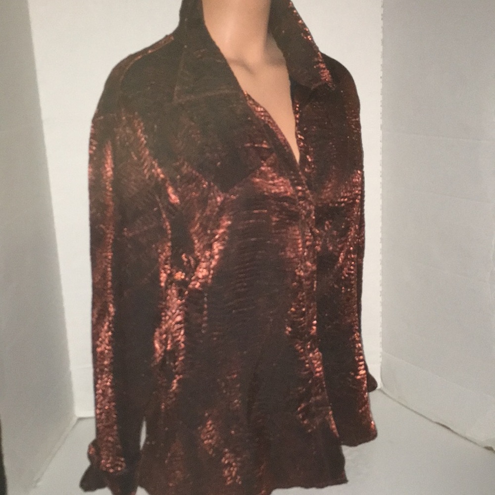 Vintage Silky Golden Crinkle Secretary Blouse Top - Picture 2 of 8